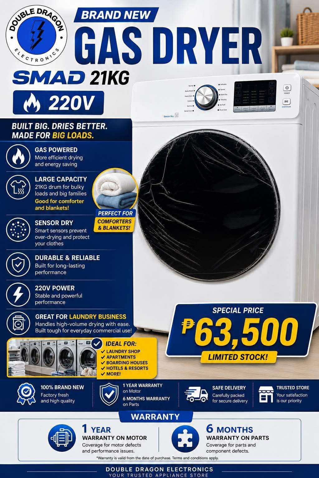 SMAD 21KG Commercial Gas Dryer (220V) – Unit Only