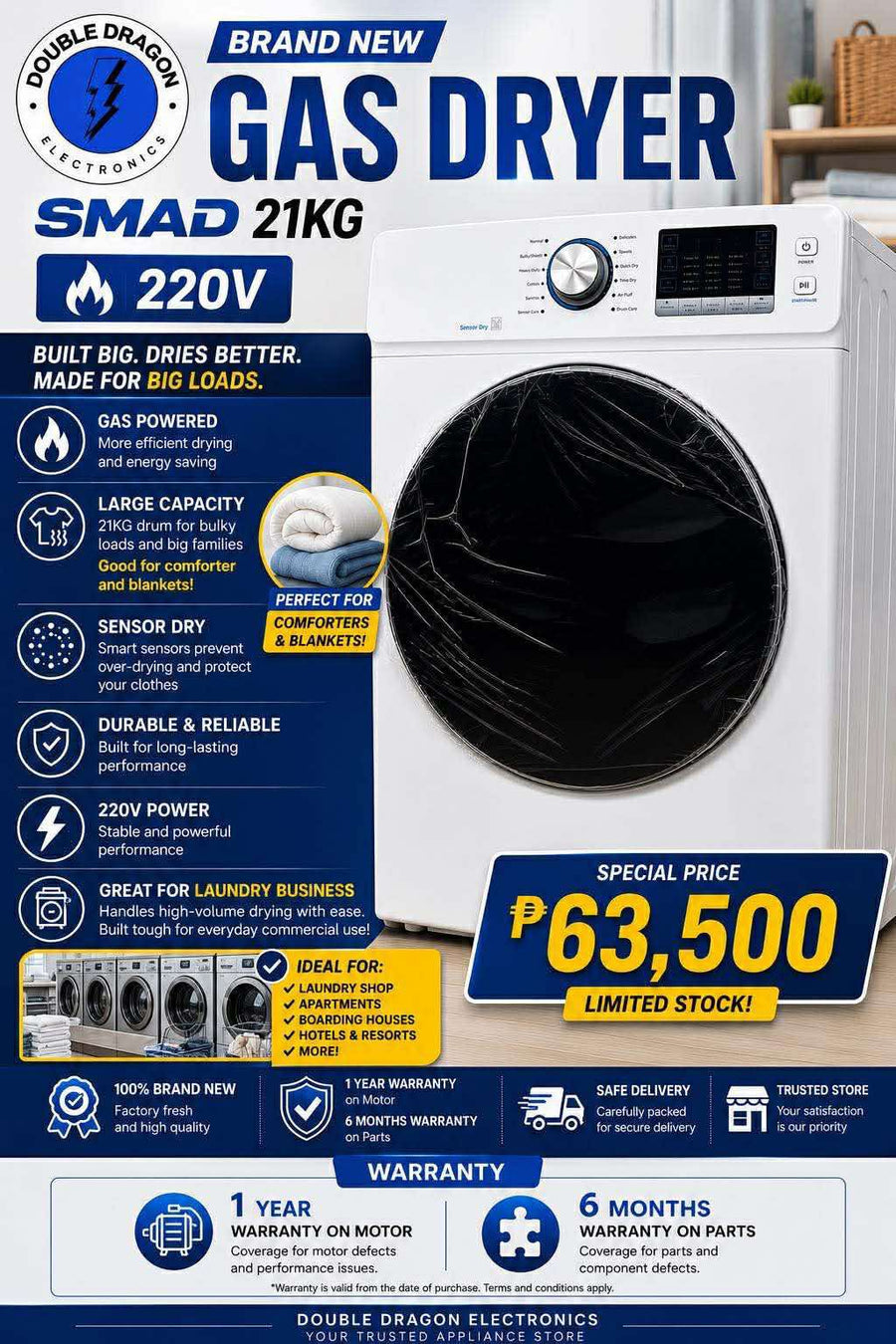 SMAD 21KG Commercial Gas Dryer (220V) – Unit Only